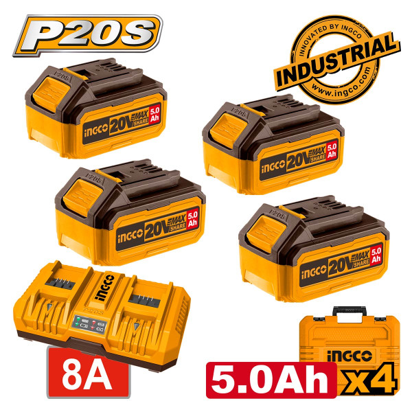 Μπαταρίες 4 τεμ. 20V 5.0Ah + Ταχυφορτιστής 8A  2 Θέσεων + Βαλίτσα Σετ 6 τεμ.